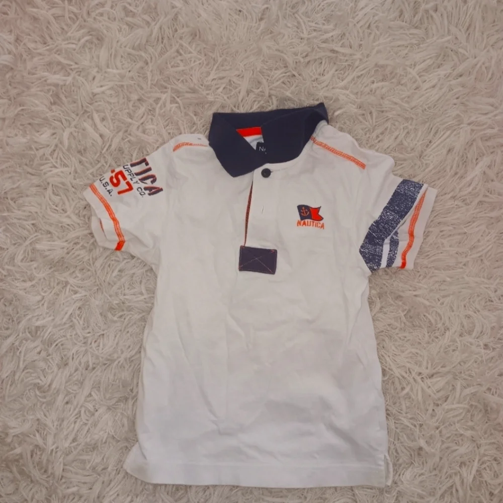 Nautica Pique Polo Shirt Boys Size 7 Short Sleeve Navy, Orange & Collar Shirt